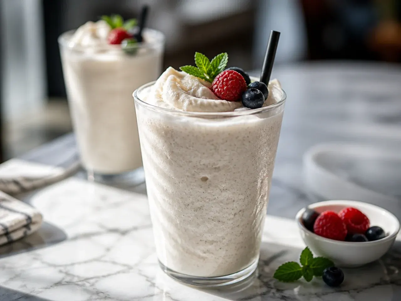 Thick blended vanilla frappe in a glass with a dollop of light whipped cream