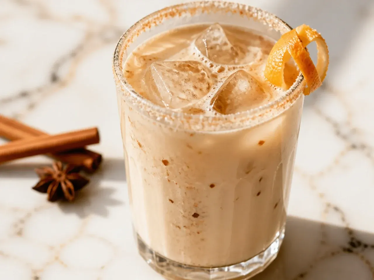 Iced chai latte with visible spice flecks and milk swirl in a tall glass