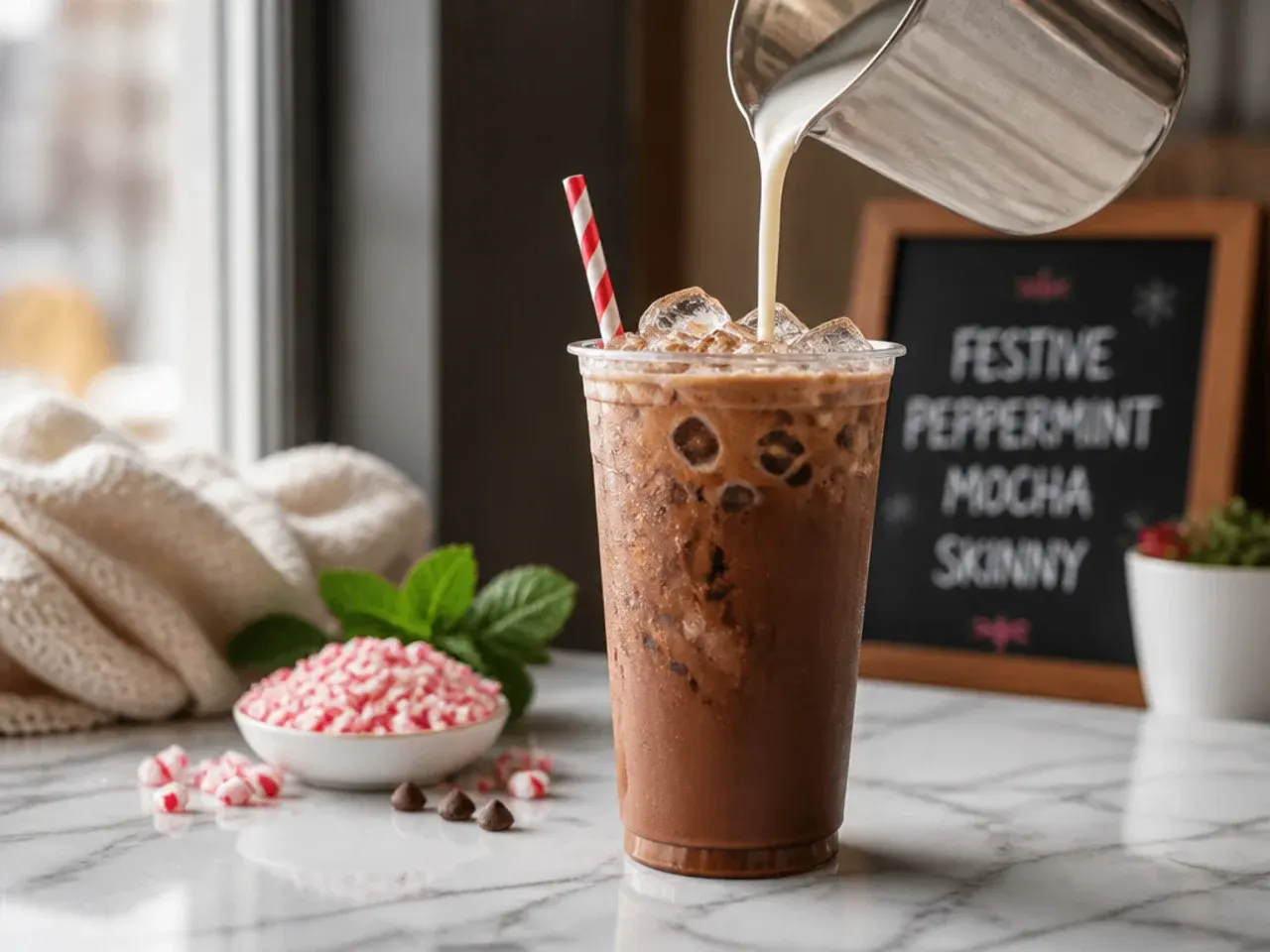 Peppermint mocha in a mug topped with foam and crushed sugar-free peppermint