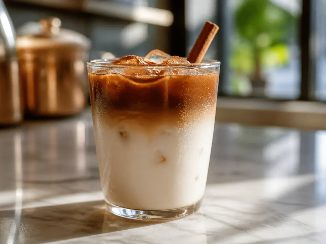 Layered iced macchiato with almond milk showing a clear espresso layer on top