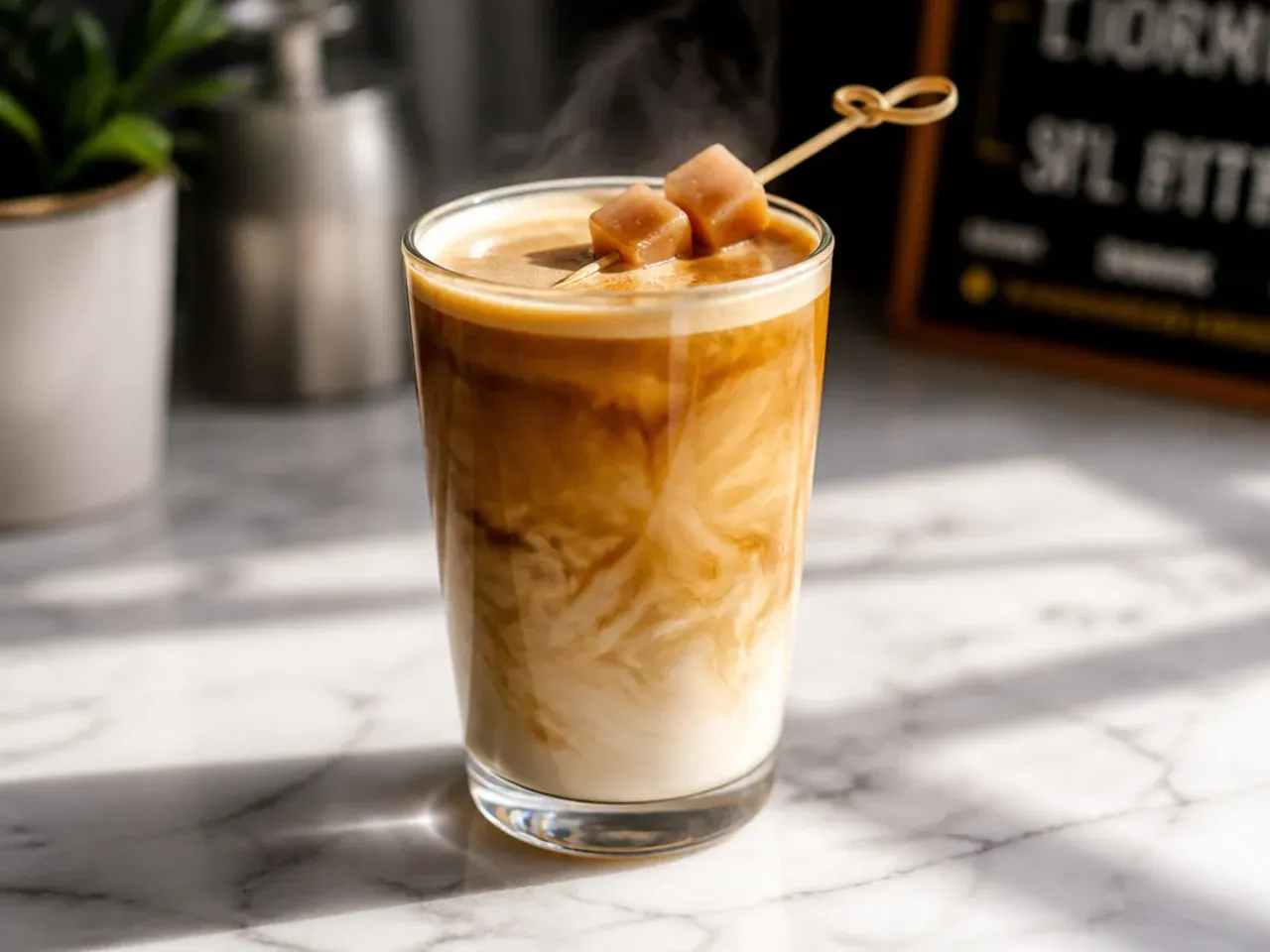Small cortado in a glass mug showing a thin layer of oat milk foam over espresso