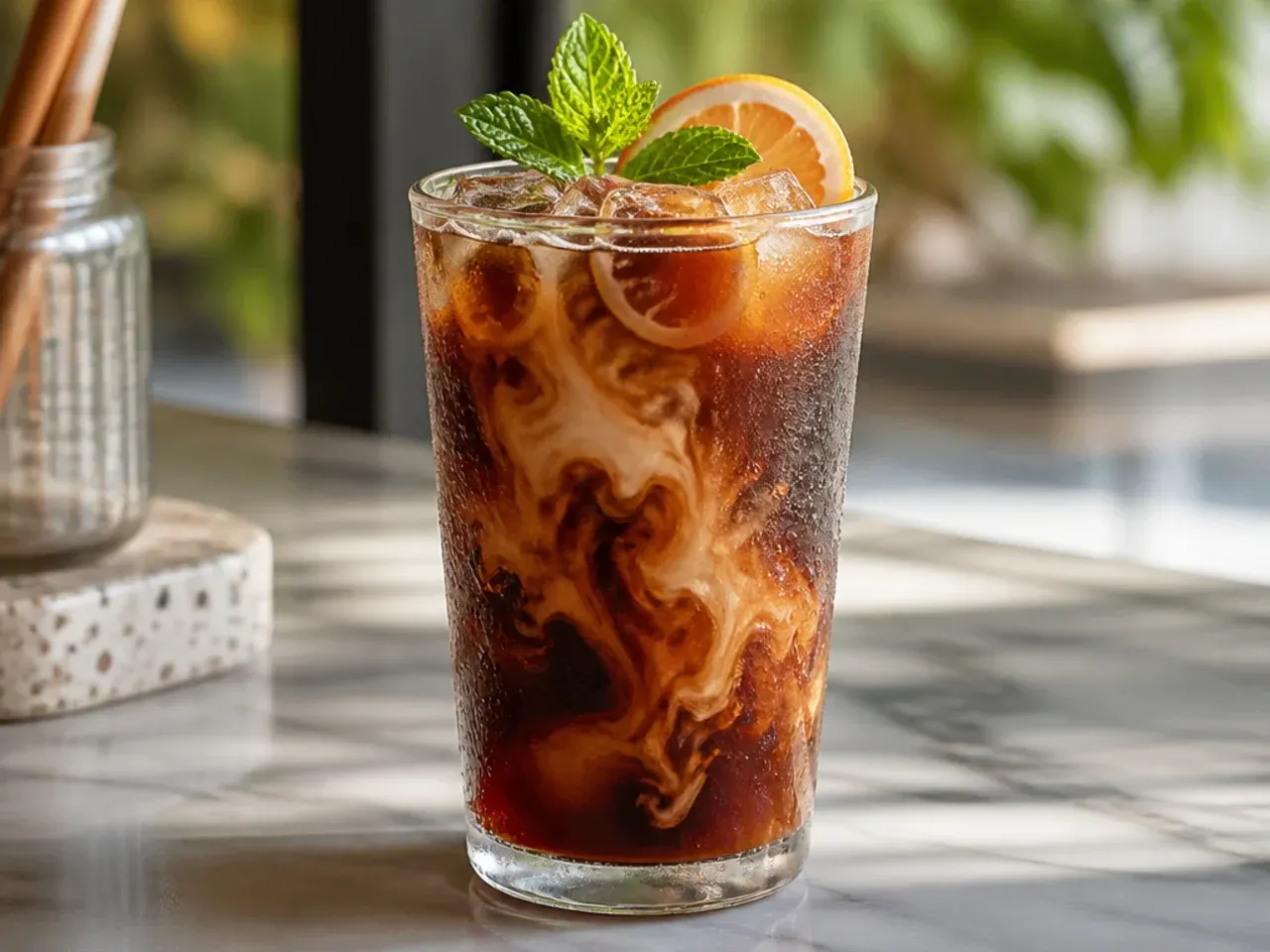 Iced brown sugar cold brew with oat milk swirling in a glass over ice