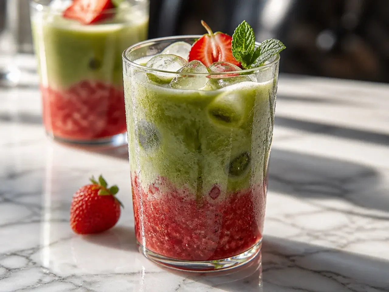 Pink and green layered strawberry matcha drink in a glass with ice