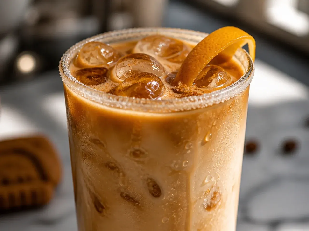 Creamy cold brew with light spice dusting in a tall glass over ice