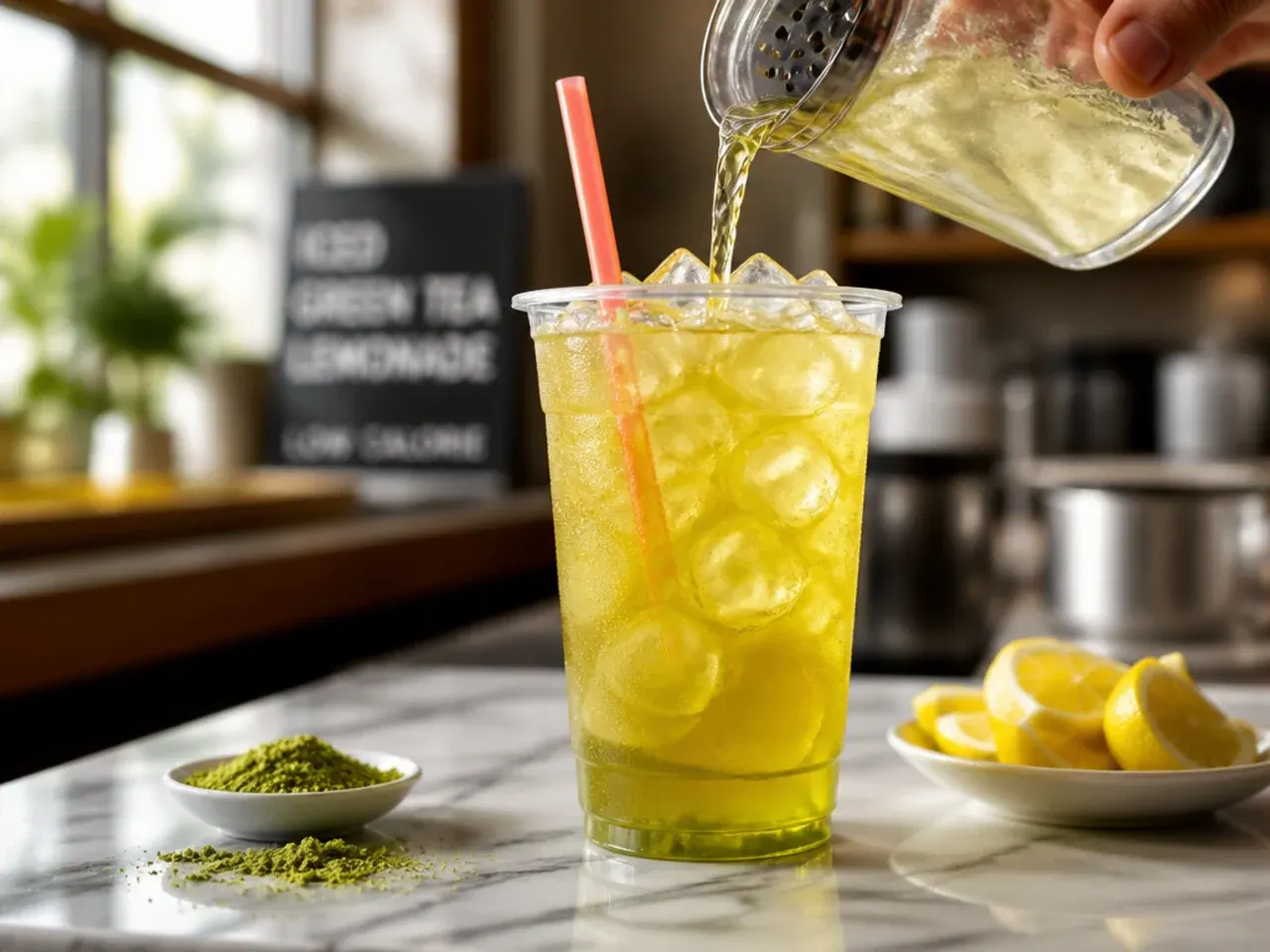 Iced green tea lemonade in a glass with lemon slices and mint garnish