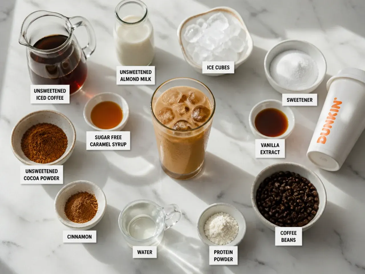 Close-up of hands pouring sugar-free syrup into an iced coffee with a measuring pump