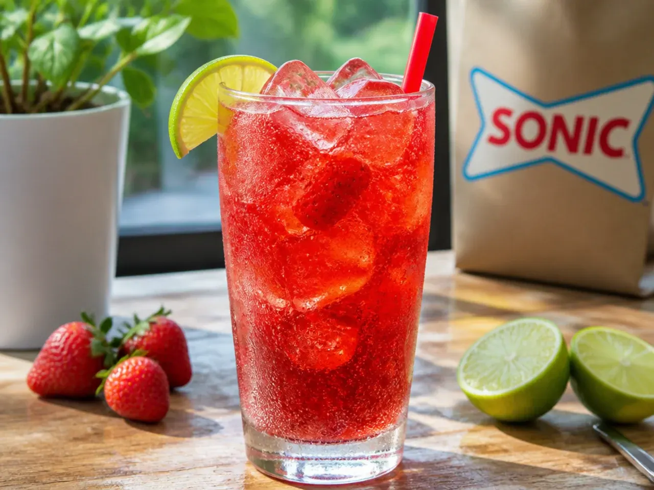 Overhead shot of several low calorie Sonic-style drinks lined up on a counter with ice and fresh fruit