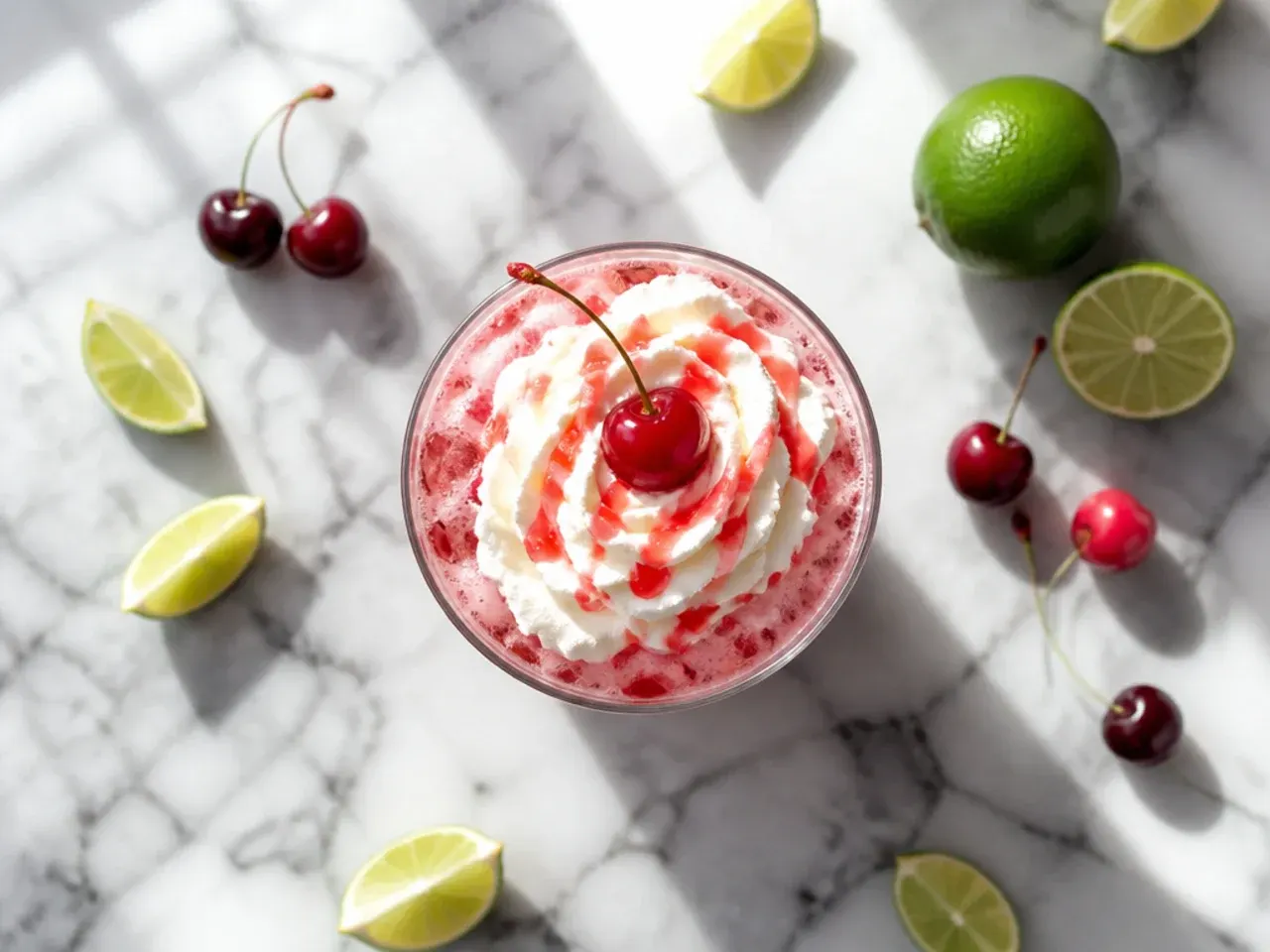 Tall glass of diet cherry limeade with ice, lime wheels and maraschino cherries