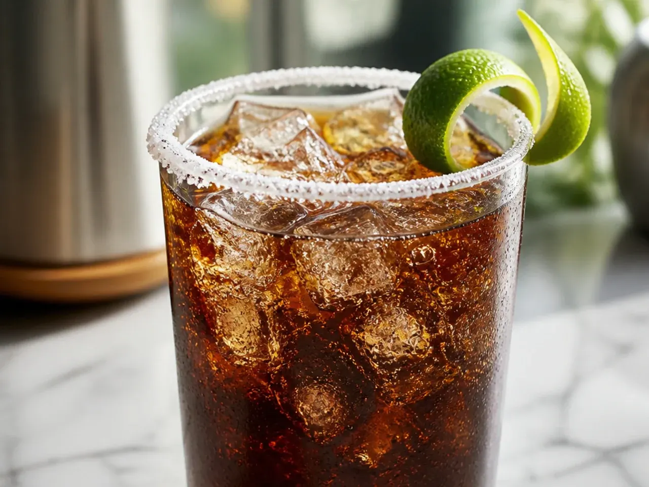 Glass of dark cola dirty soda with ice and a lime wedge on the rim