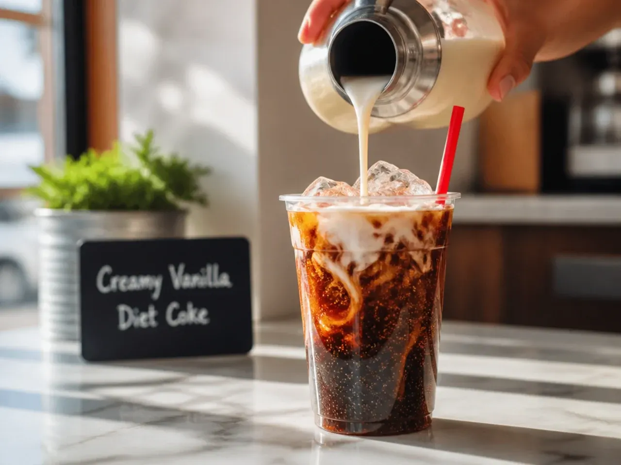 Diet Coke with a creamy vanilla swirl in a plastic cup with a straw