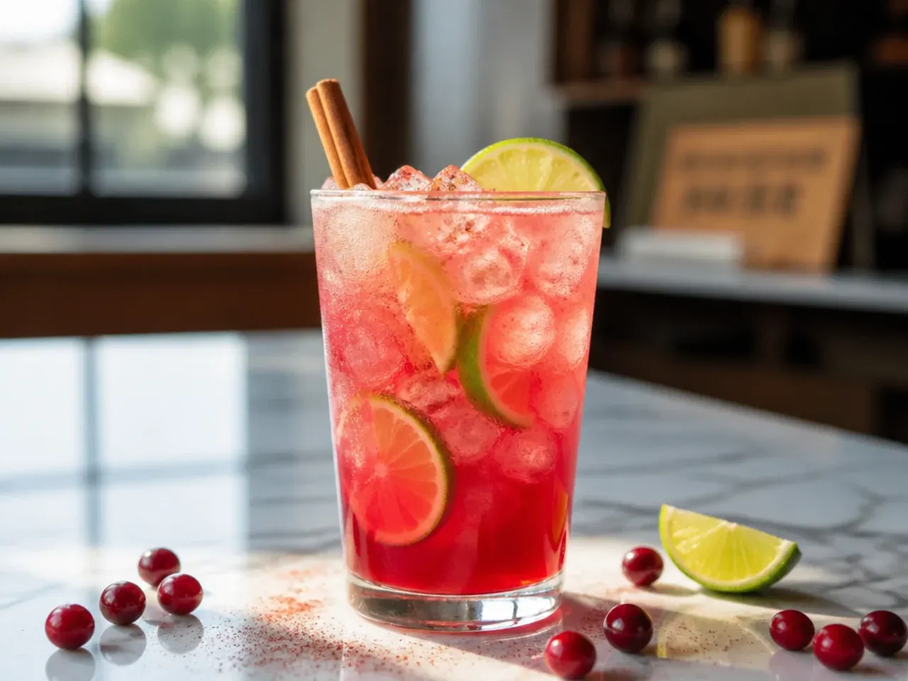 Ruby-red cranberry limeade in a glass with ice, lime wheel and a few whole cranberries