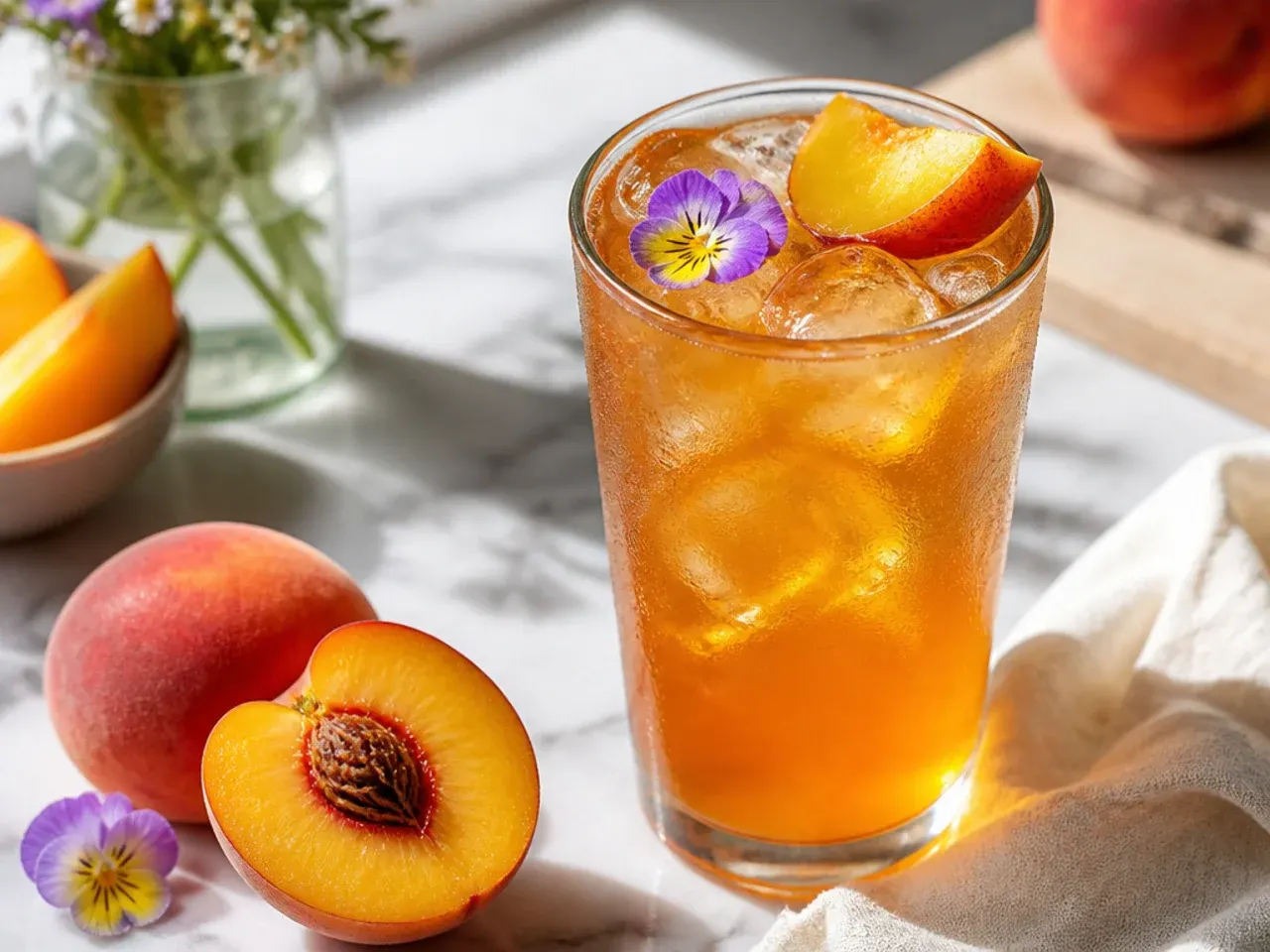 Amber peach iced tea in a mason jar with ice and a fresh peach slice