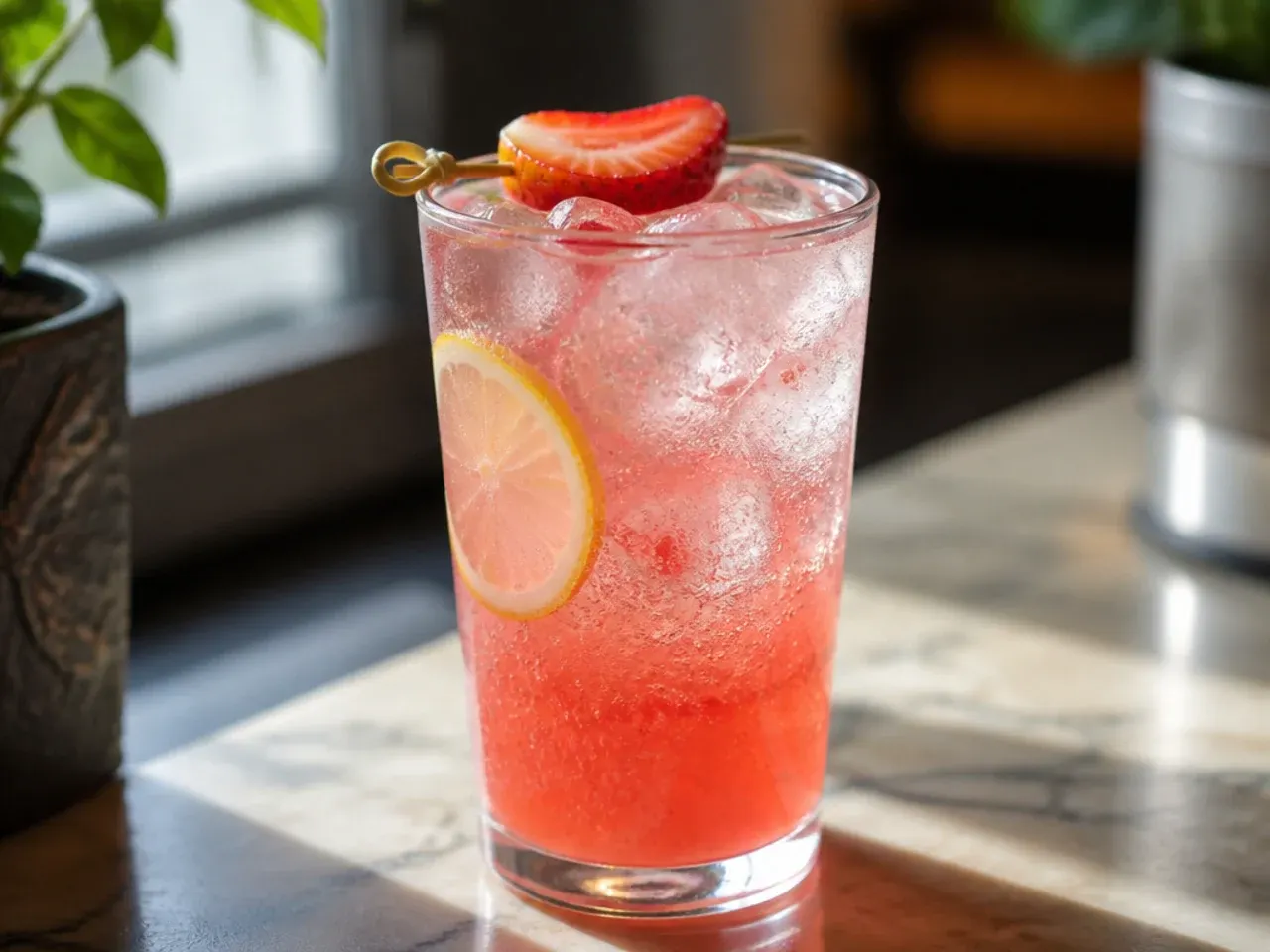 Pink strawberry lemonade fizz in a tall glass with ice and a fresh strawberry on the rim