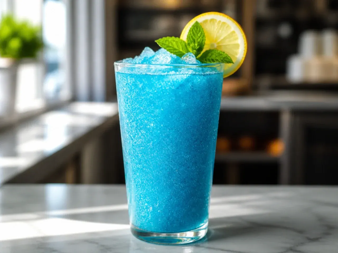 Bright blue frozen slush in a cup with a straw, ice crystals visible