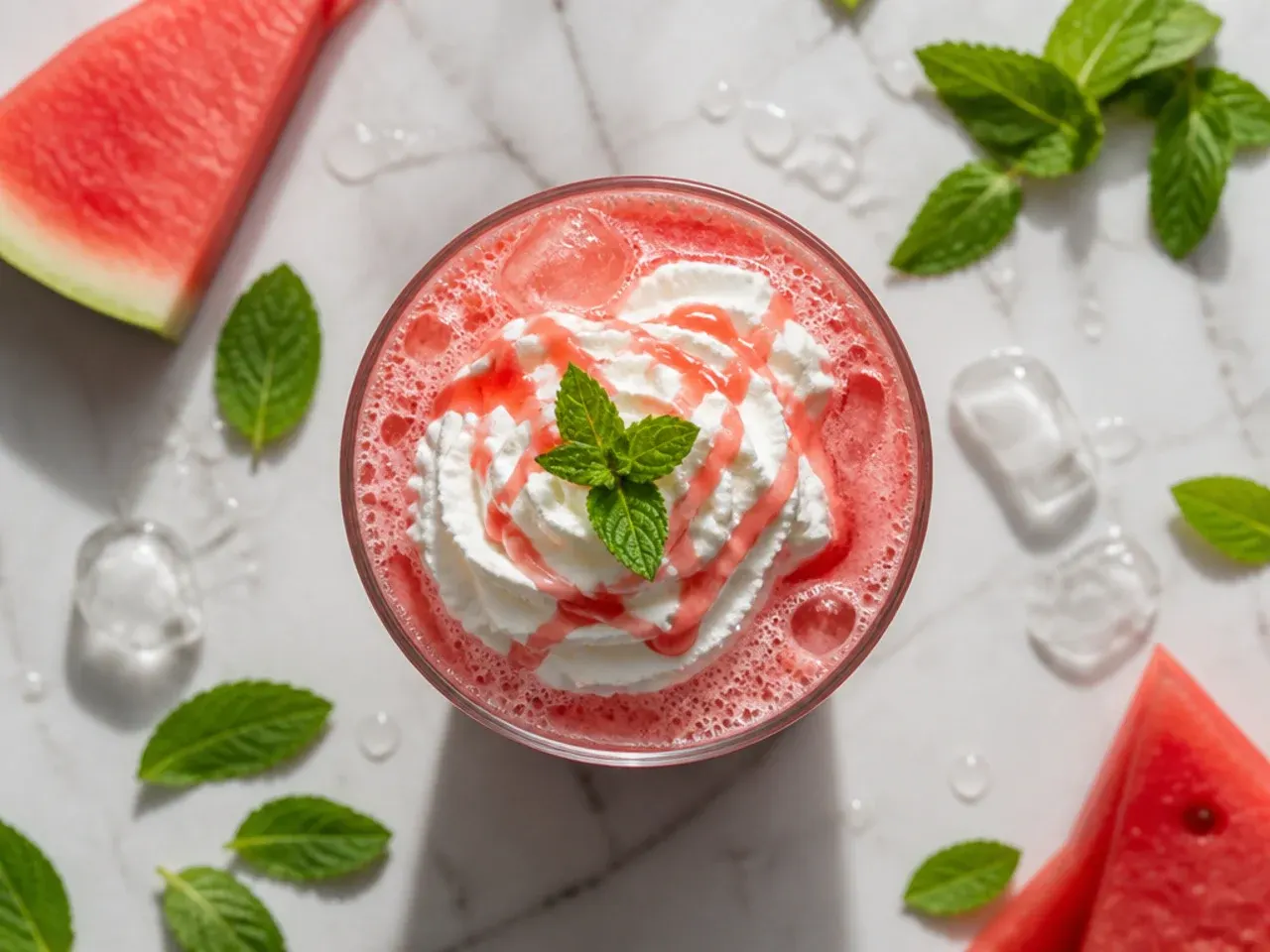 Pale pink watermelon mint cooler in a glass with mint leaves and ice