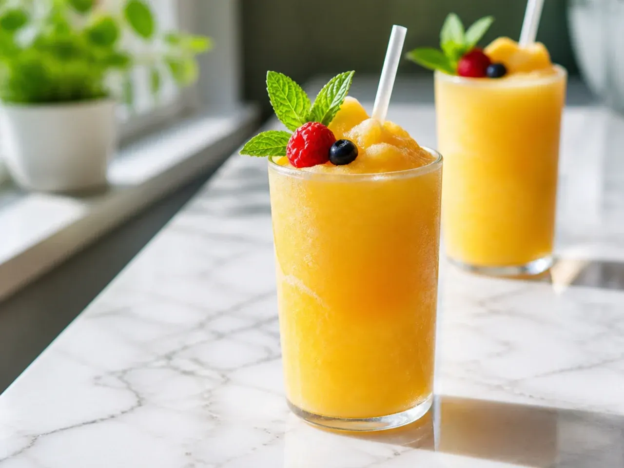 Golden mango slush in a clear cup with a straw and a mango chunk garnish