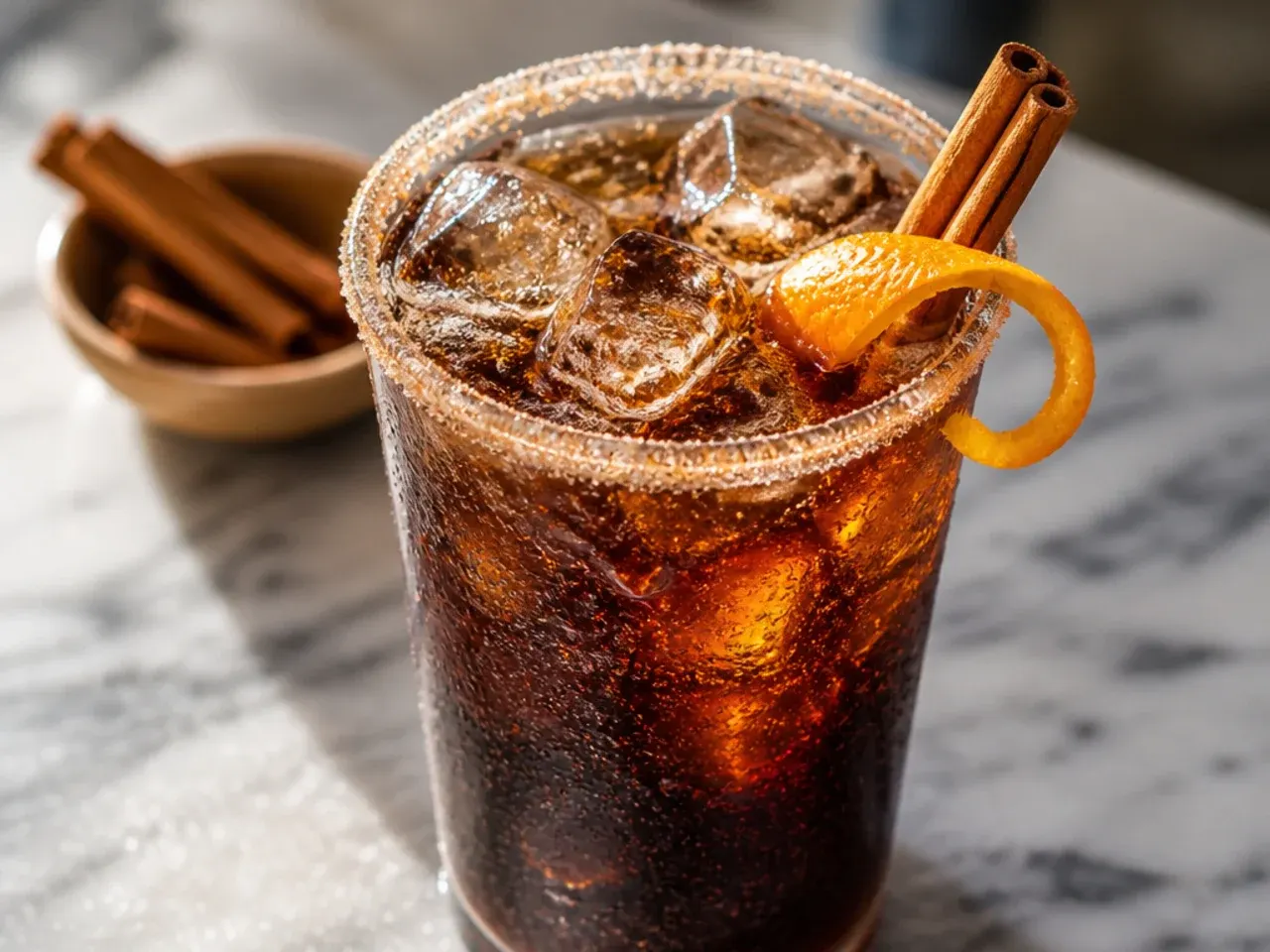 Glass of spiced cola with a cinnamon stick garnish and ice