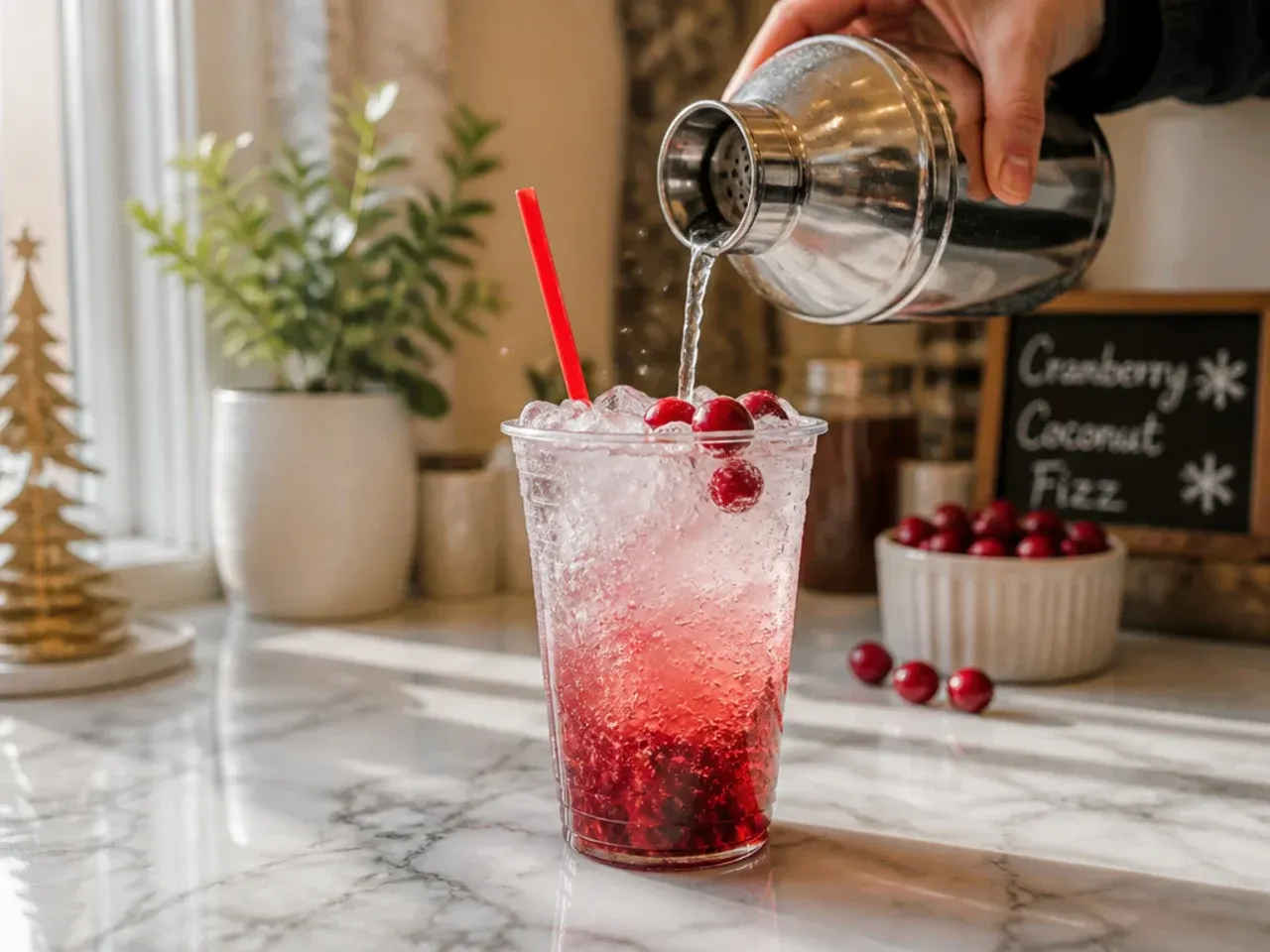 Red-tinted cranberry coconut fizz in a glass with fresh cranberries and a lime twist