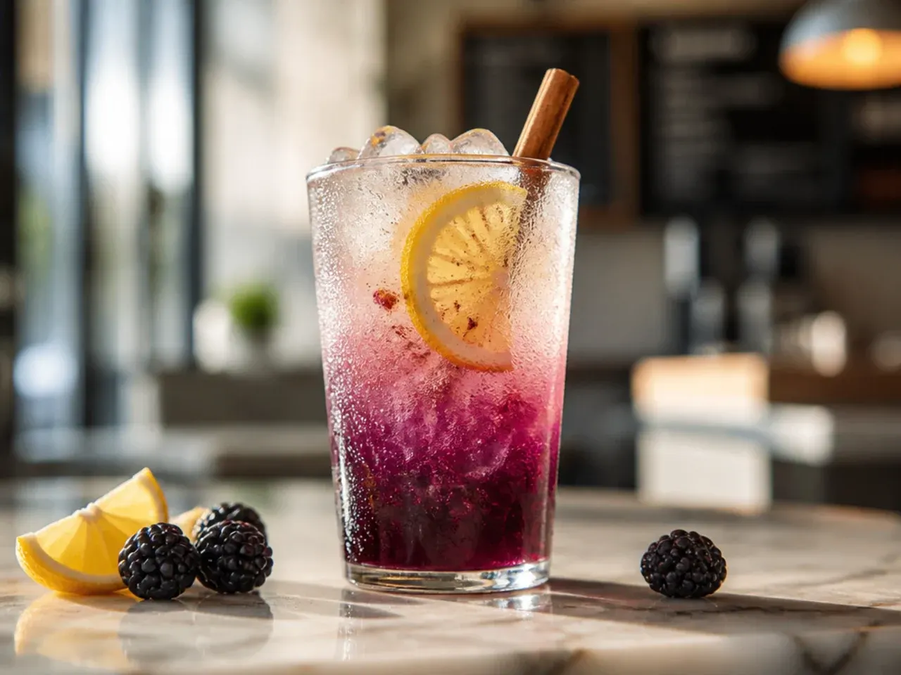 Layered purple and yellow blackberry lemonade in a tall glass with a straw