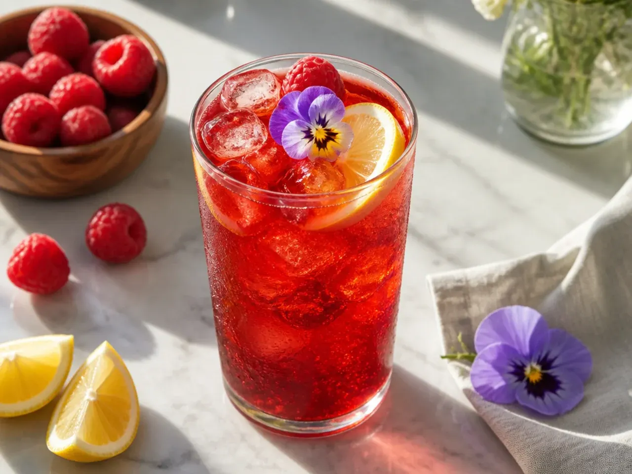 Deep amber raspberry iced tea in a glass with fresh raspberries and ice