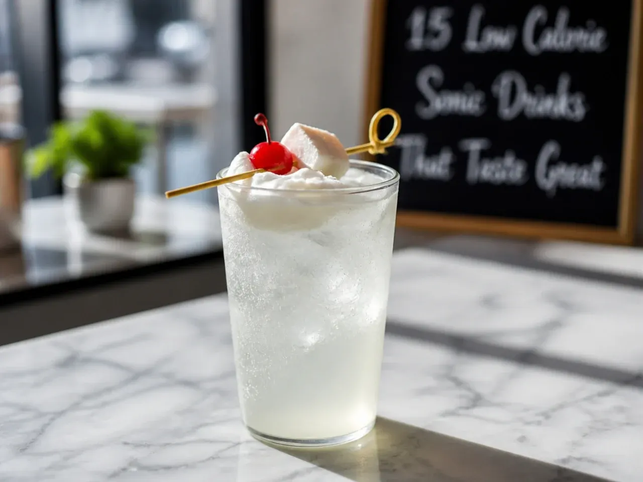 Creamy pale coconut cream soda in a glass with ice and a light foam top