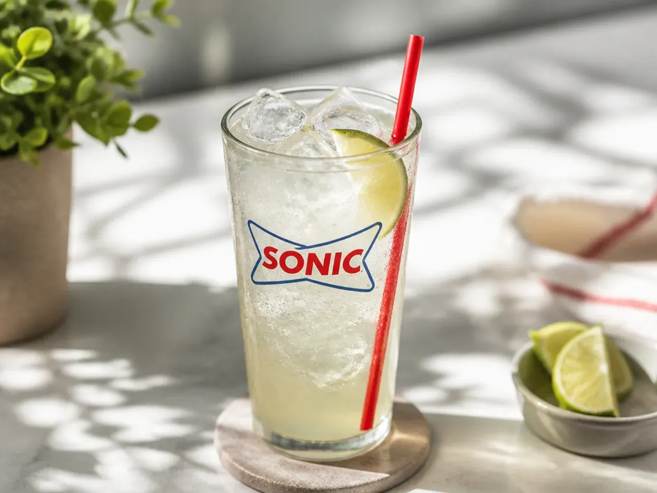A drinks station with clear plastic cups, straws, lime wheels and small bowls of syrup for a build-your-own drink bar