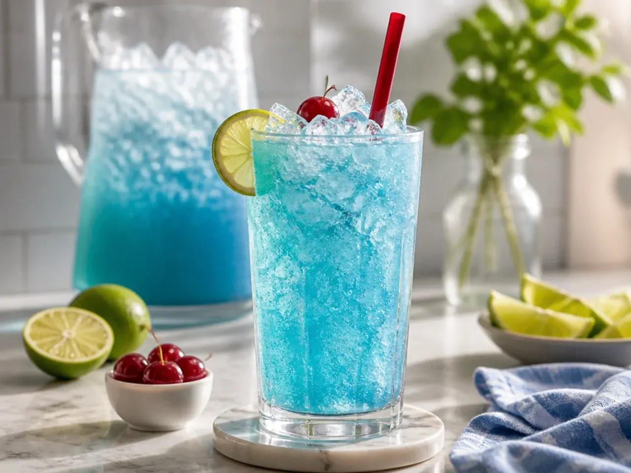 A pitcher of pre-mixed drink base in the fridge next to bottles of diet soda ready to top up