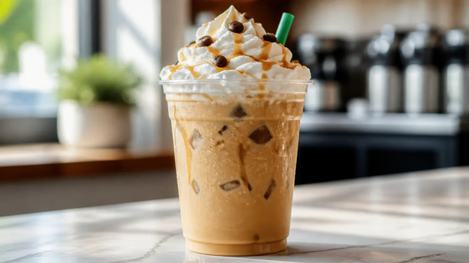 A collection of low calorie Starbucks copycat drinks in glass cups on a marble counter, some iced and some topped with light foam