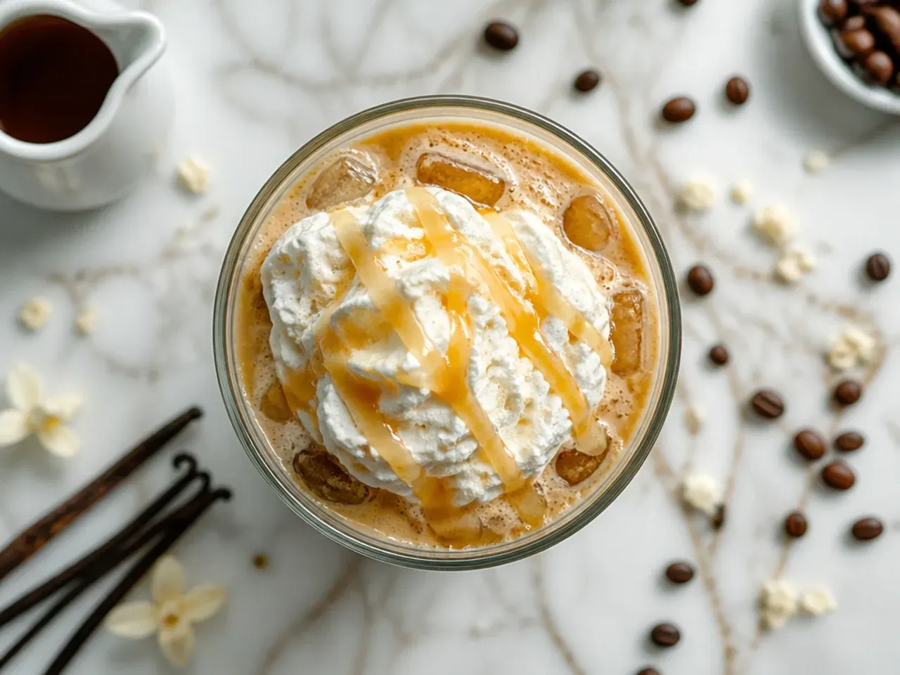 Iced skinny vanilla latte in a tall glass with visible espresso layers over ice