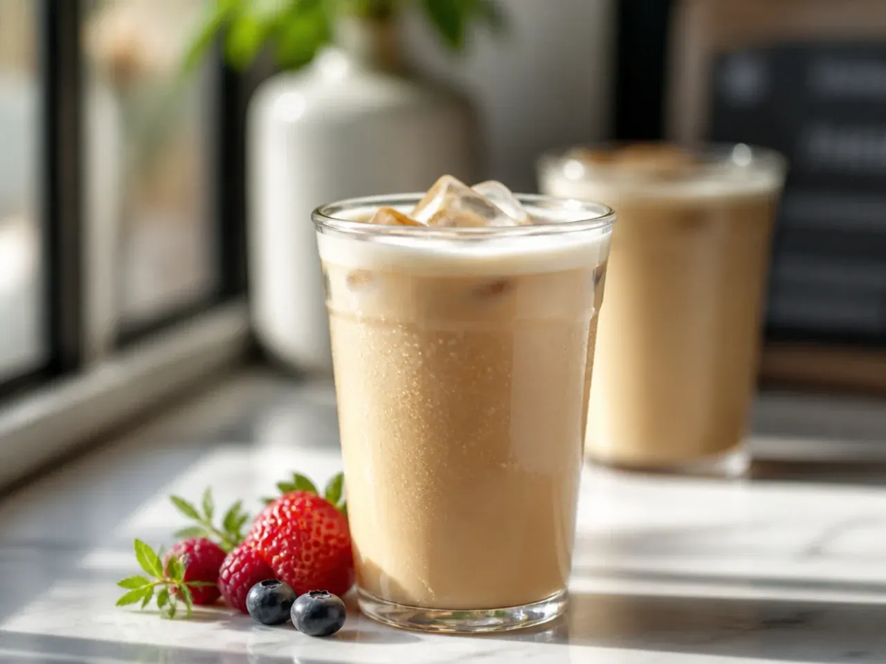 Hot skinny vanilla latte with light microfoam in a white ceramic mug