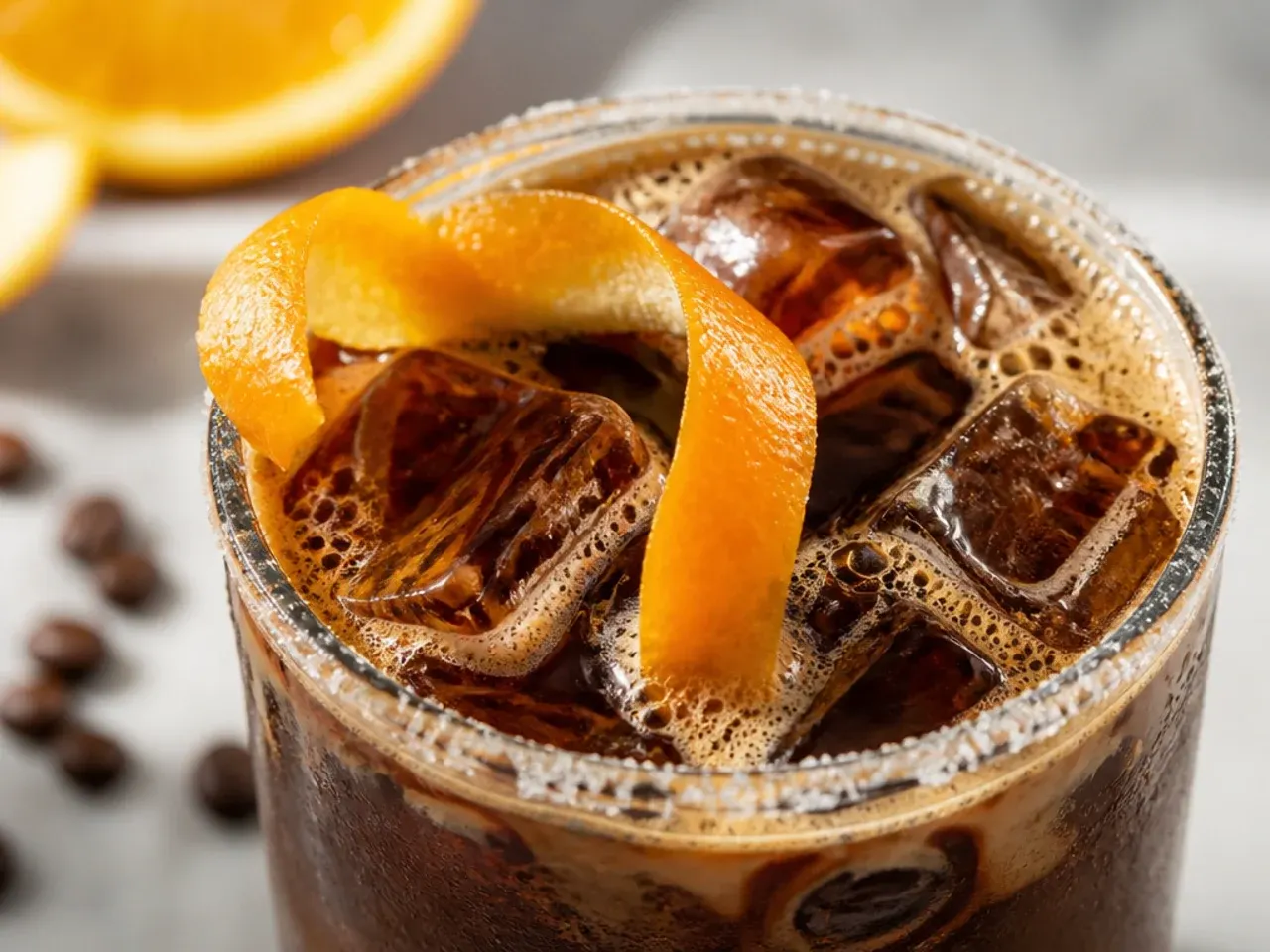 Dark mocha-coloured americano in a glass mug with a light cocoa dusting on top