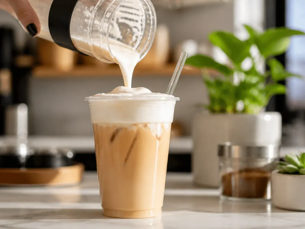 Iced latte topped with thick creamy protein cold foam in a clear glass