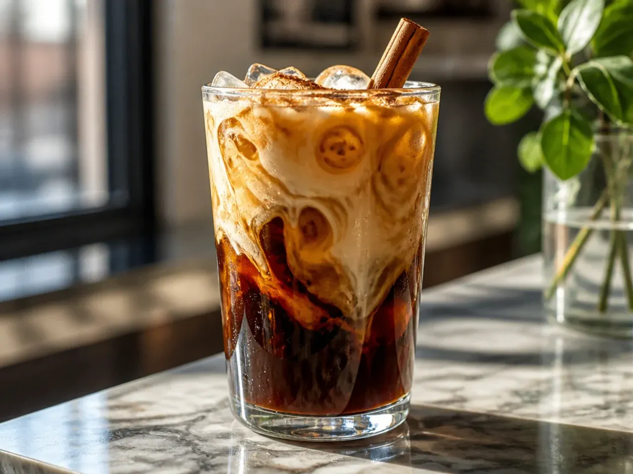 Cold brew coffee being poured over ice in a mason jar with vanilla syrup swirled through