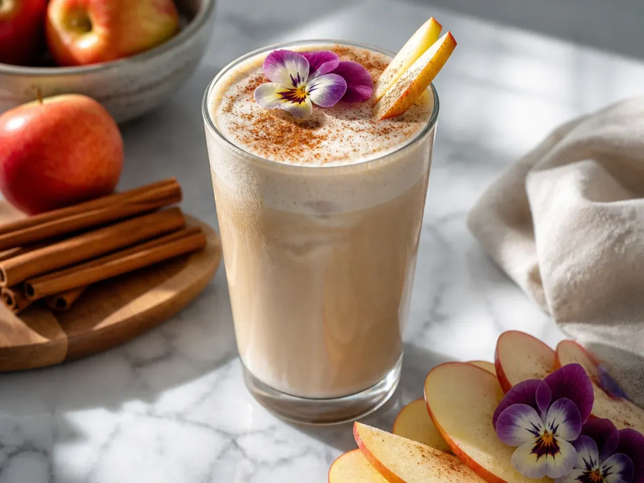 Cinnamon dolce latte in a mug dusted with cinnamon, steam rising
