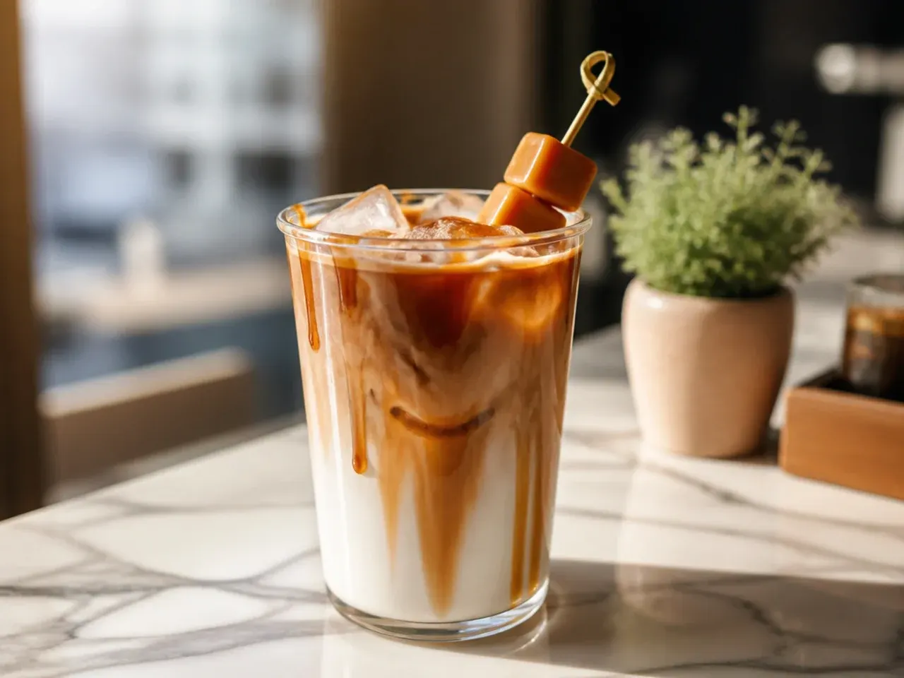Caramel macchiato with distinct layered espresso and milk, drizzled with caramel syrup