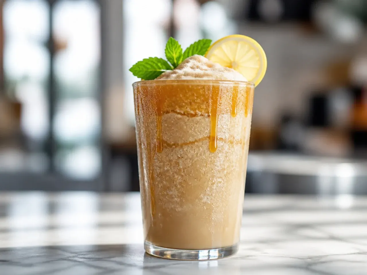 Frozen caramel frappuccino in a tall glass with a light caramel drizzle
