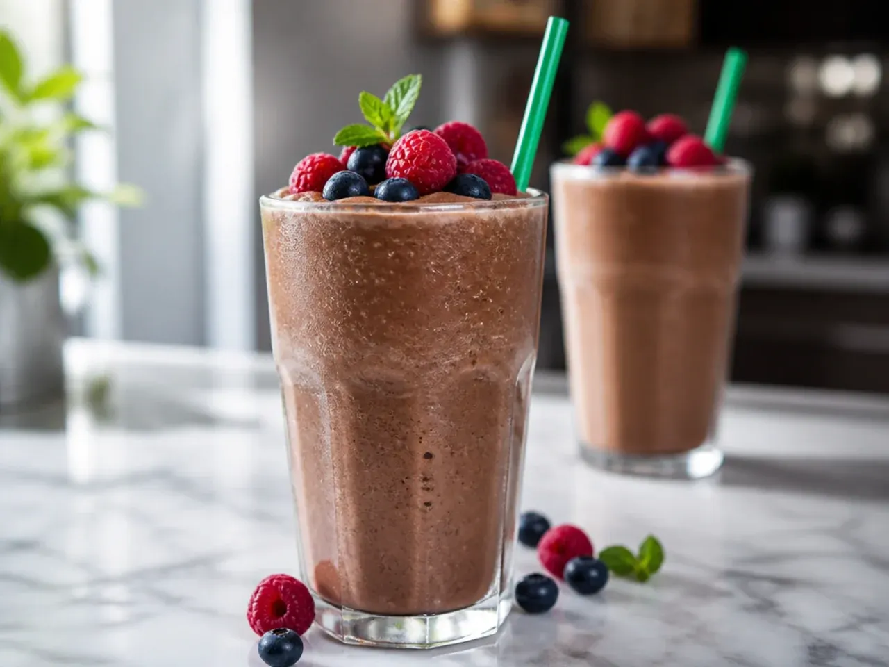 Thick blended mocha frappuccino in a glass with a straw and light foam top