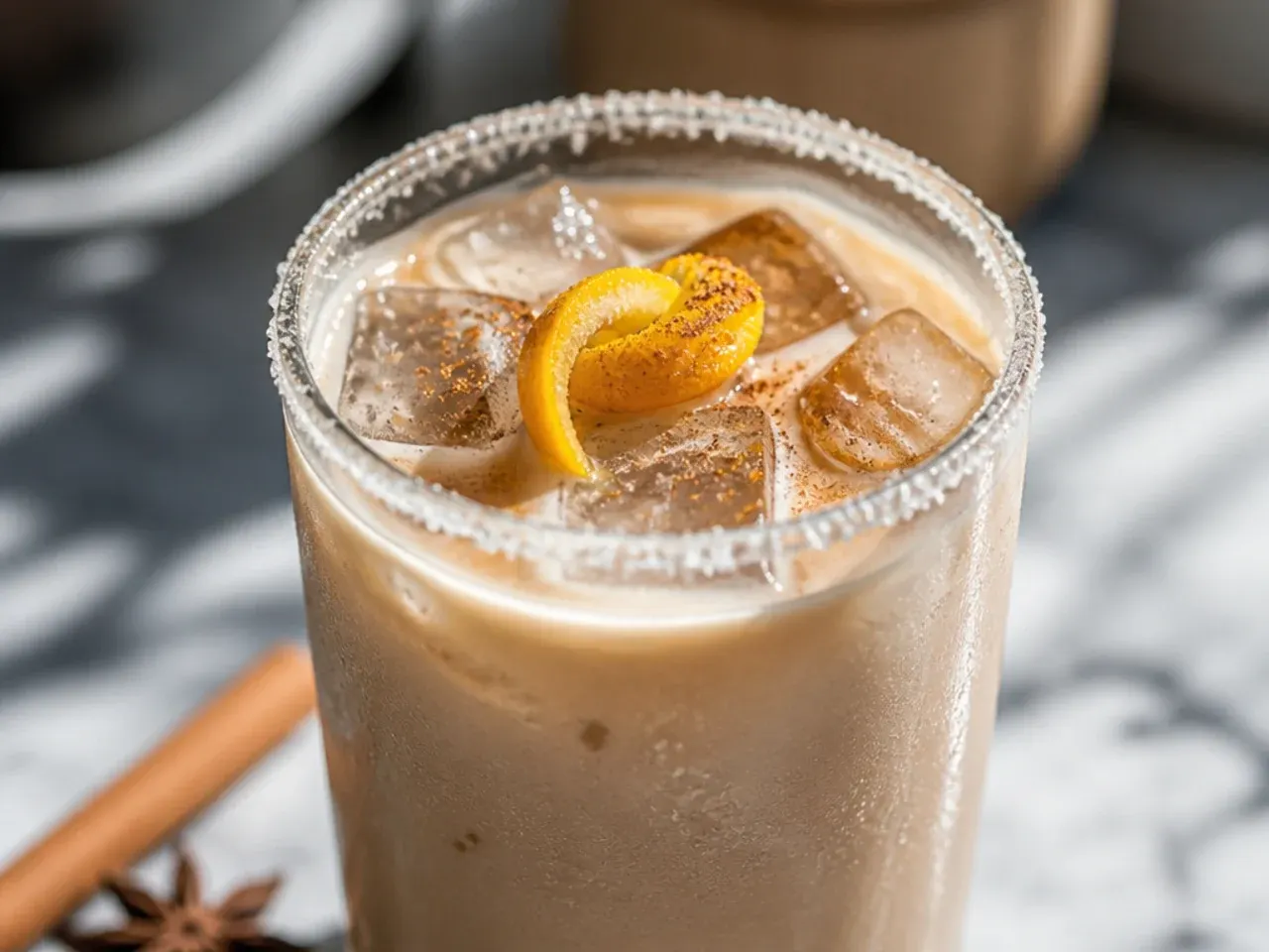 Spiced chai latte with visible spice flecks in a glass mug