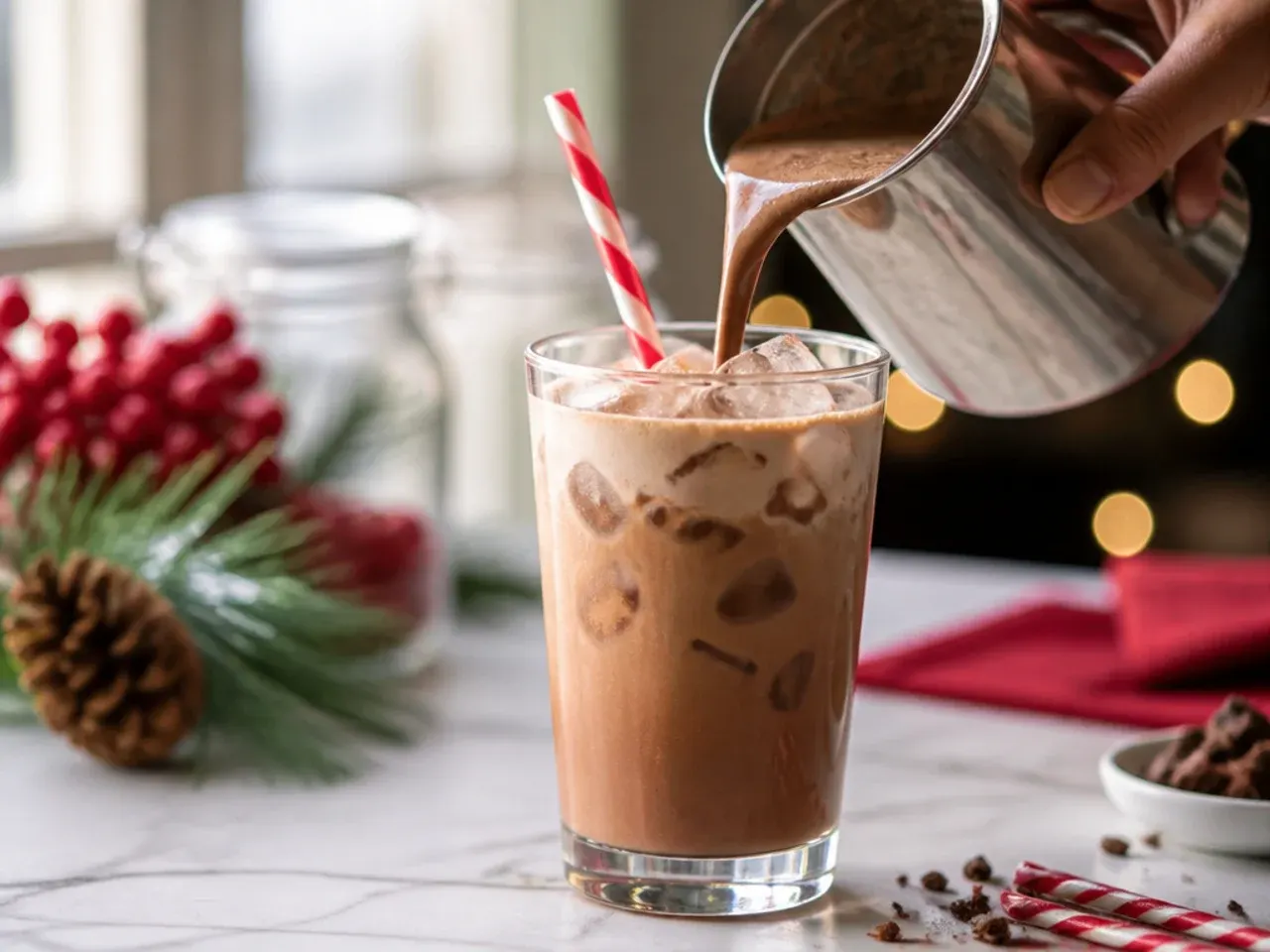 Peppermint mocha in a mug garnished with a candy cane, steam rising