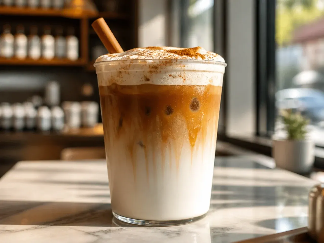 Espresso with a distinct white cold foam layer floating on top in a clear glass