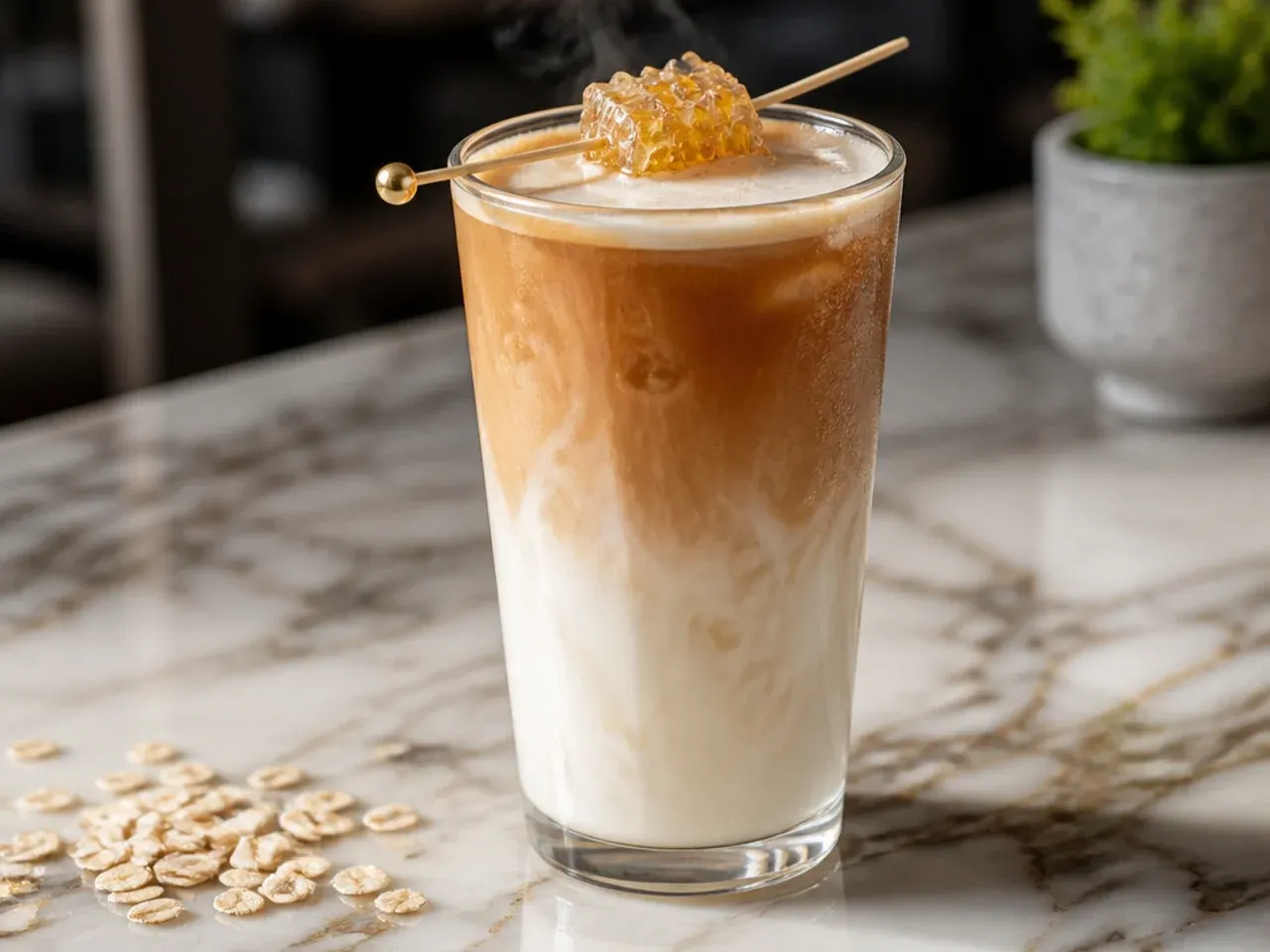 Oat milk latte with smooth microfoam and a light honey swirl on top