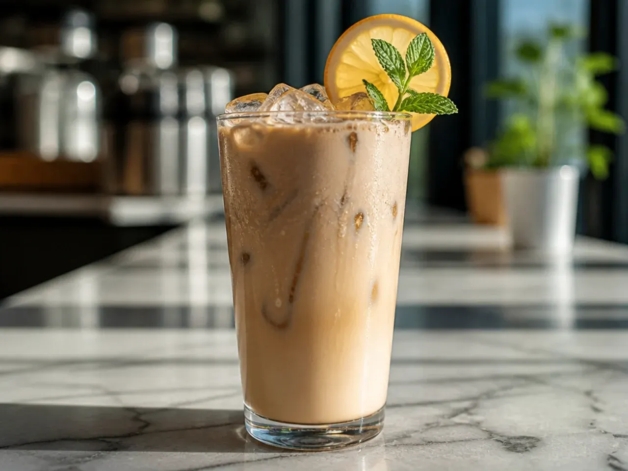 Iced hazelnut latte in a tall glass with condensation on the outside