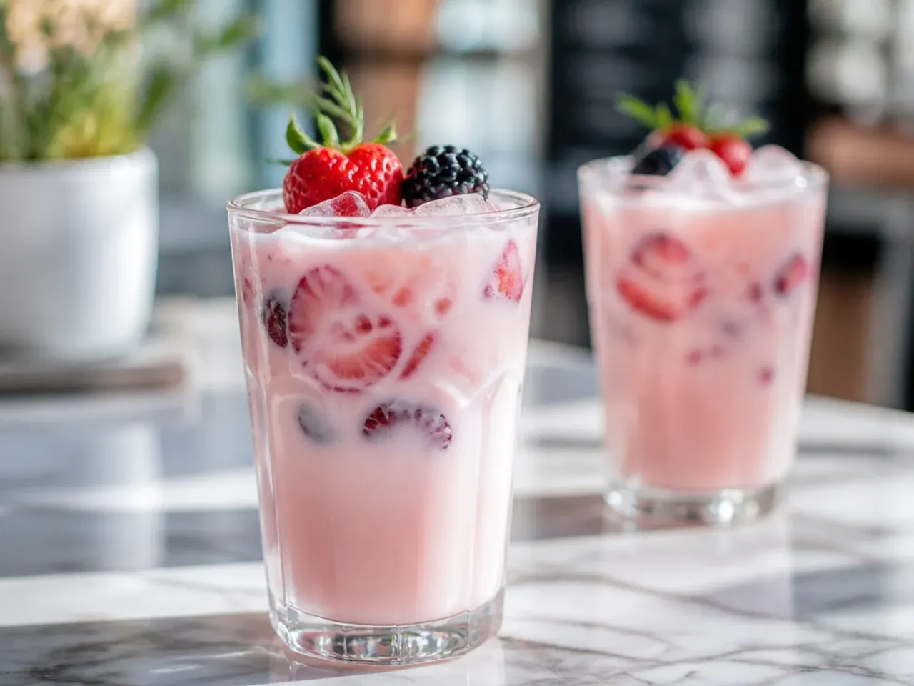 Pale pink iced drink with strawberry pieces floating in a clear glass