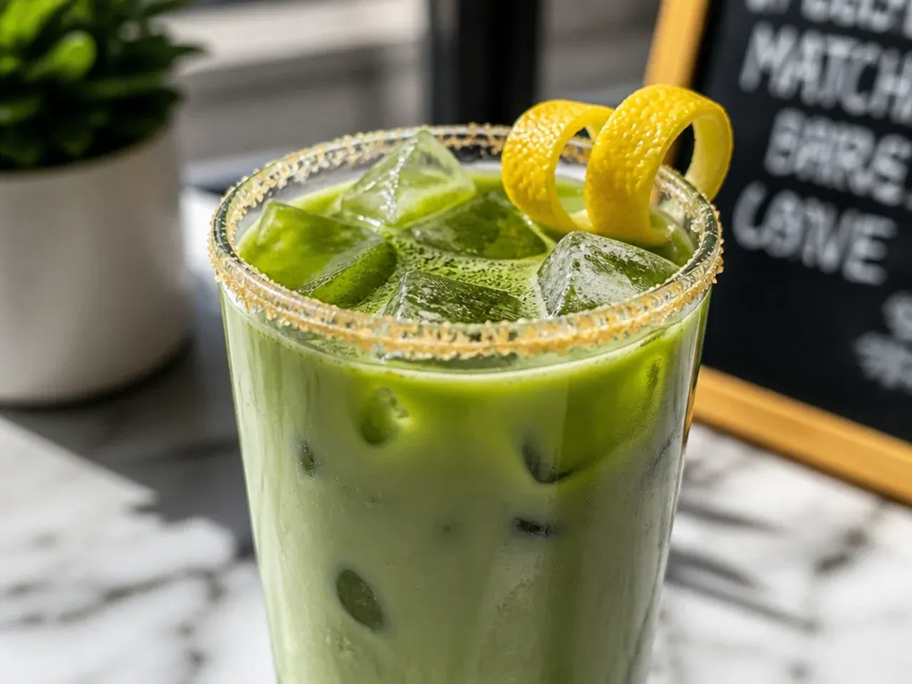 Bright green matcha latte with a thin layer of milk foam in a glass mug