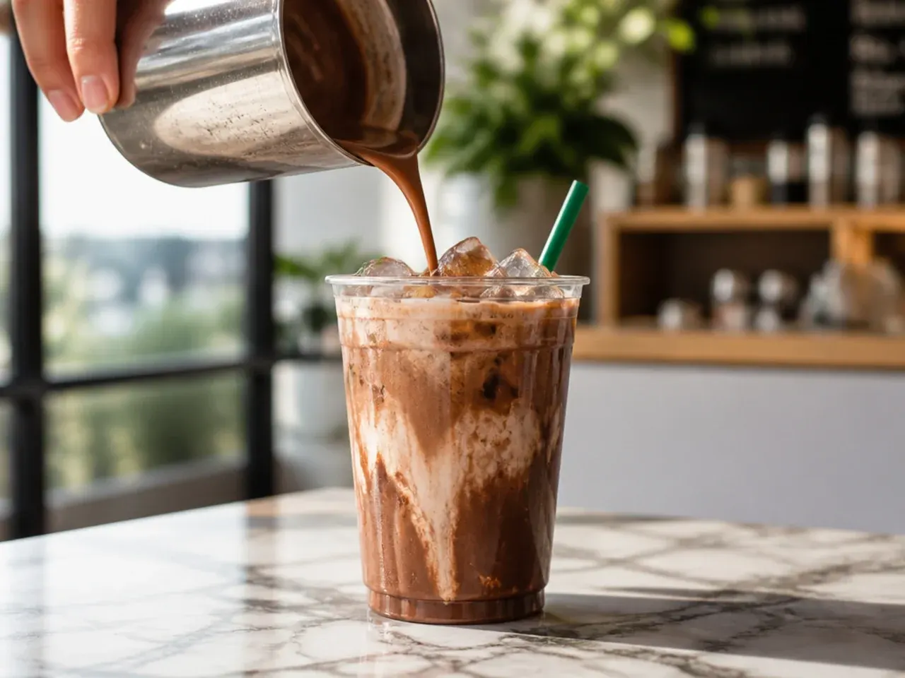 Iced skinny mocha in a glass with visible chocolate swirl and ice