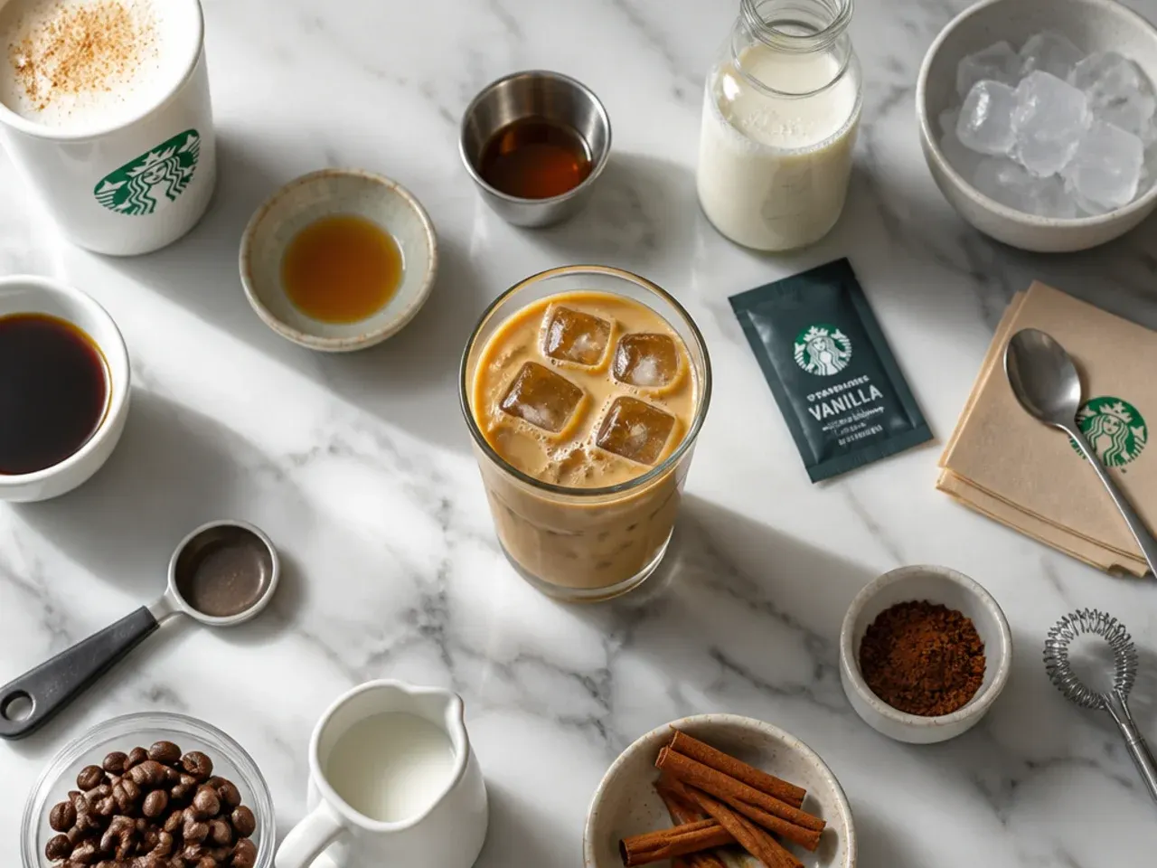 Barista tools including a milk frother, syrup bottles and espresso cups arranged on a counter