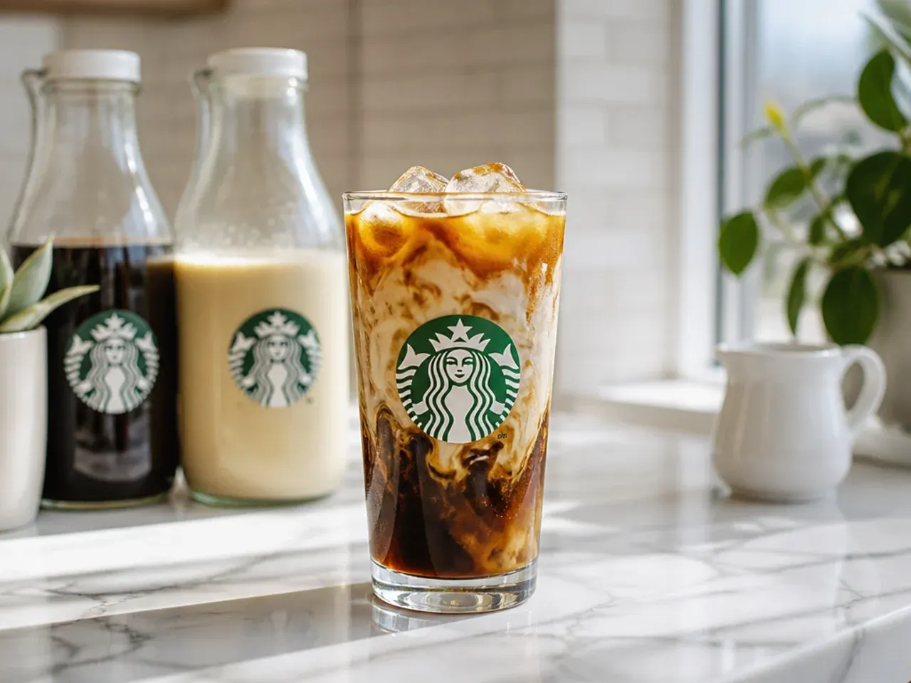 Mason jars of cold brew concentrate and frozen espresso ice cubes lined up in a freezer