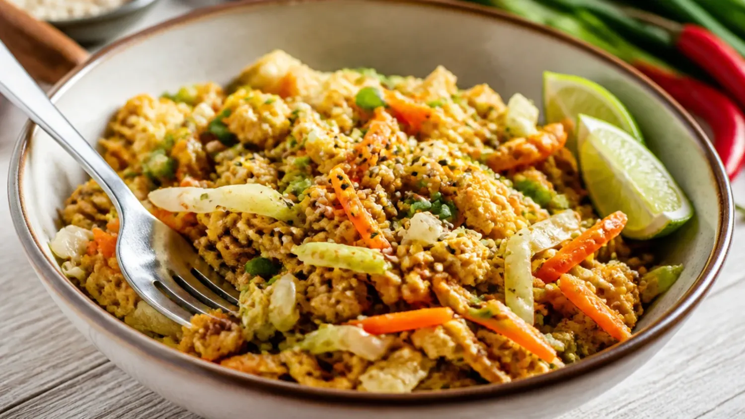 A bowl of low carb egg roll in a bowl filled with browned pork, shredded cabbage and carrots, topped with spring onions and sesame seeds