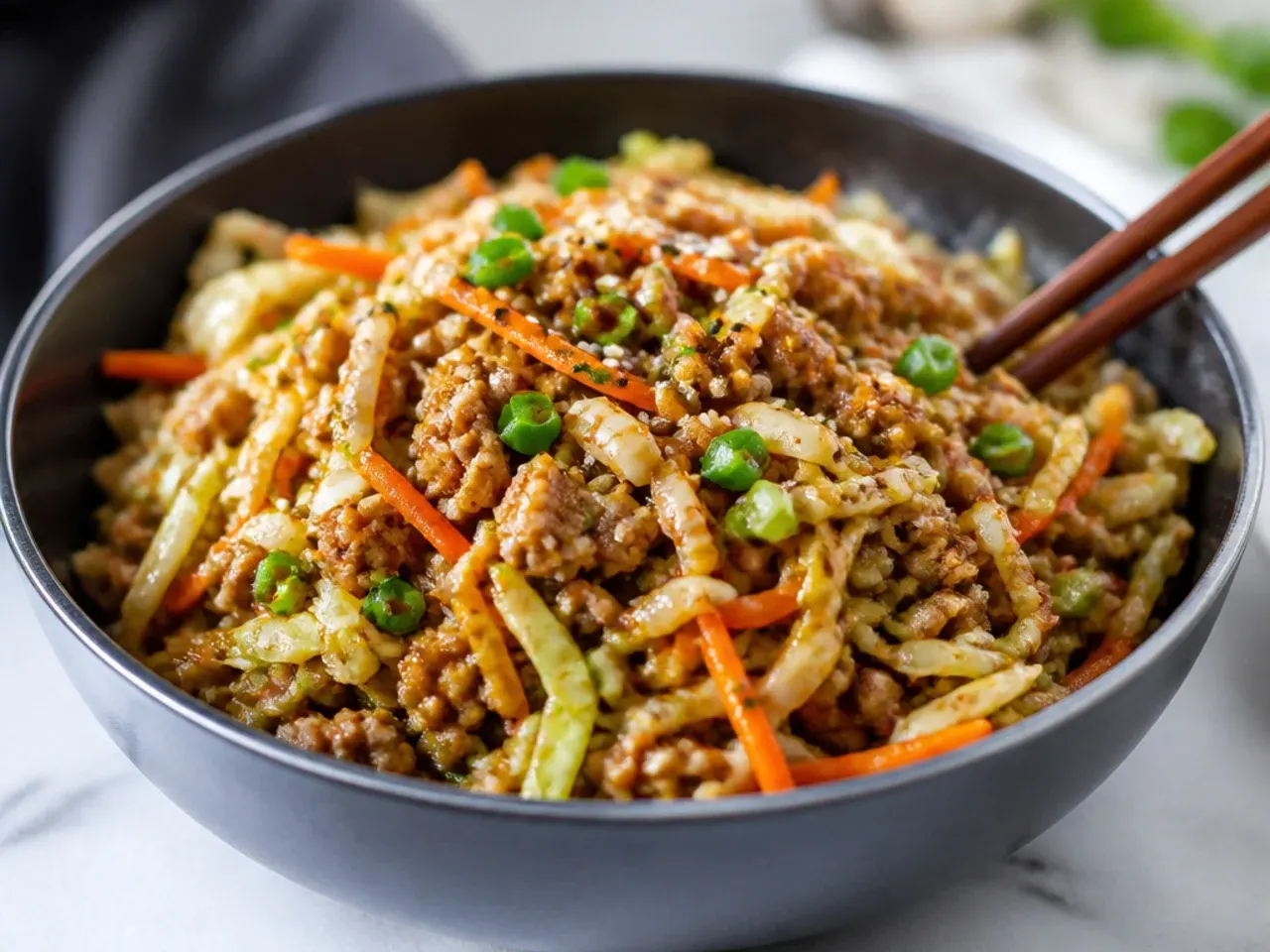 Overhead shot of a skillet filled with low carb egg roll in a bowl mixture, cabbage and ground pork glistening with sesame oil