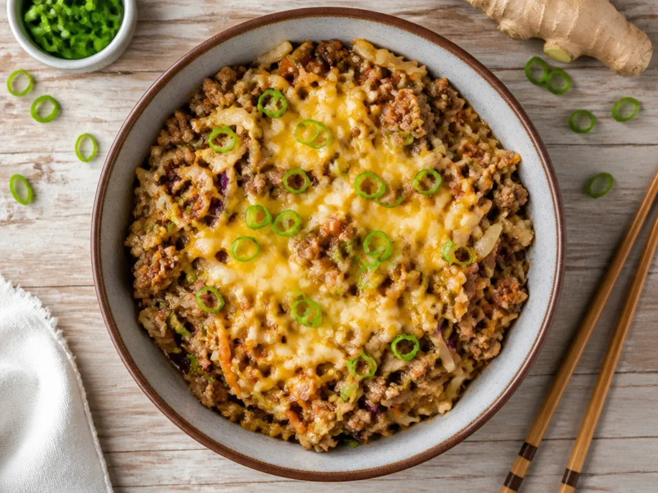 Classic low carb egg roll in a bowl with ground pork, cabbage and spring onion in a white bowl